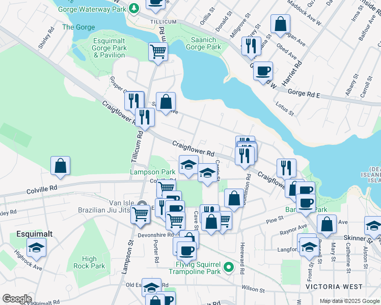 map of restaurants, bars, coffee shops, grocery stores, and more near in Victoria