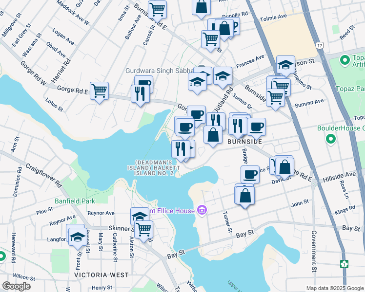 map of restaurants, bars, coffee shops, grocery stores, and more near 2960 Jutland Road in Victoria