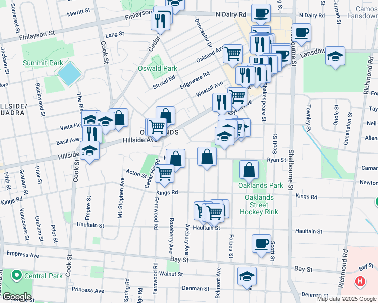 map of restaurants, bars, coffee shops, grocery stores, and more near 1430 Ryan Street in Victoria
