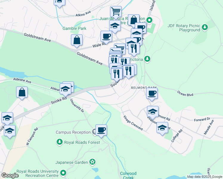 map of restaurants, bars, coffee shops, grocery stores, and more near 1919 Sooke Road in Victoria