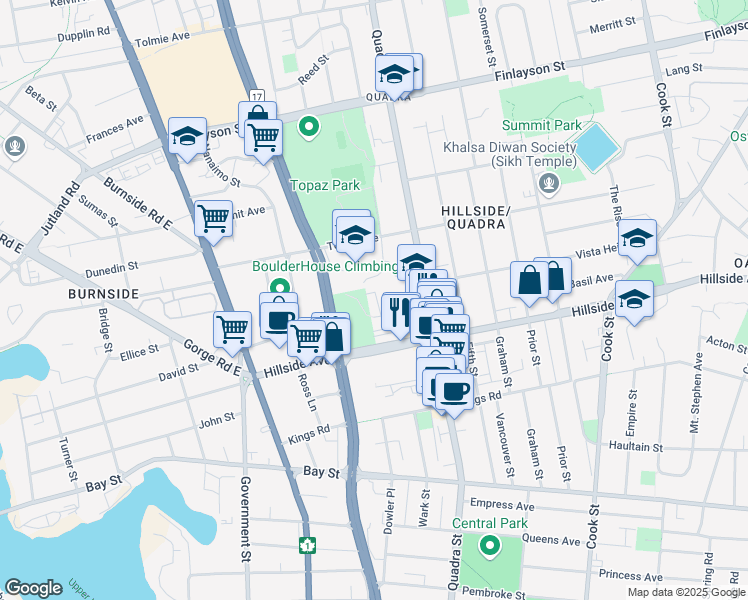 map of restaurants, bars, coffee shops, grocery stores, and more near 968 Market Street in Victoria
