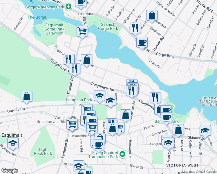 map of restaurants, bars, coffee shops, grocery stores, and more near 866 Craigflower Road in Victoria