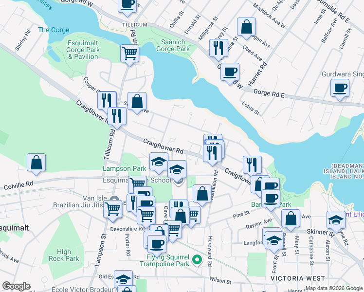map of restaurants, bars, coffee shops, grocery stores, and more near in Victoria