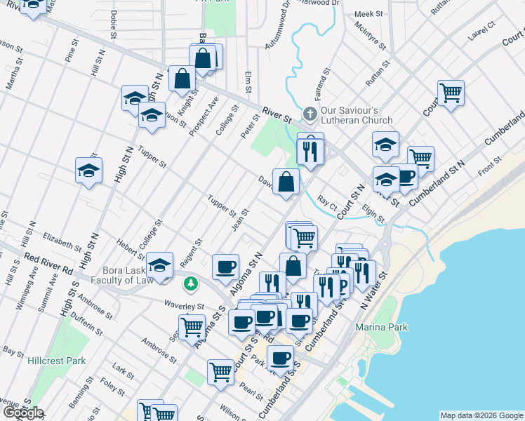 map of restaurants, bars, coffee shops, grocery stores, and more near 321 Saint Vincent Avenue in Thunder Bay