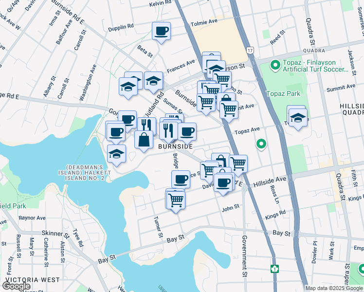 map of restaurants, bars, coffee shops, grocery stores, and more near 490 Gorge Road East in Victoria