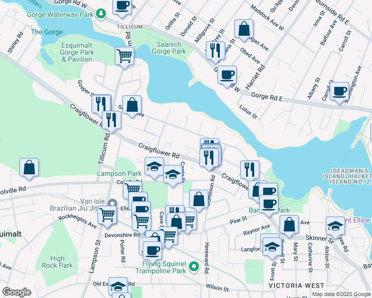 map of restaurants, bars, coffee shops, grocery stores, and more near in Victoria