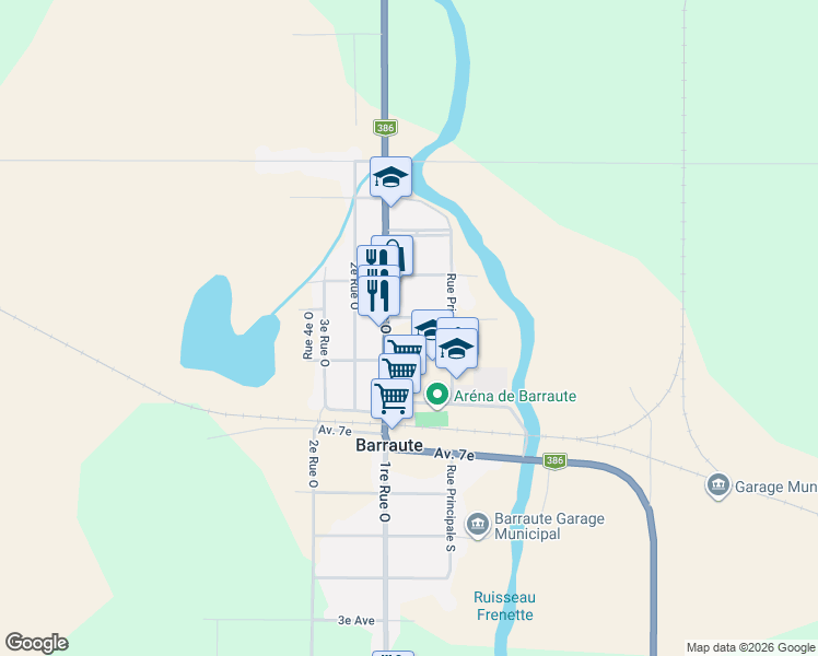 map of restaurants, bars, coffee shops, grocery stores, and more near 471 10e Avenue in Barraute