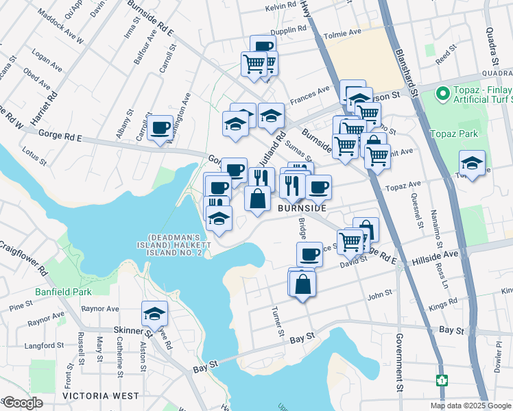 map of restaurants, bars, coffee shops, grocery stores, and more near 1-415 Dunedin Street in Victoria