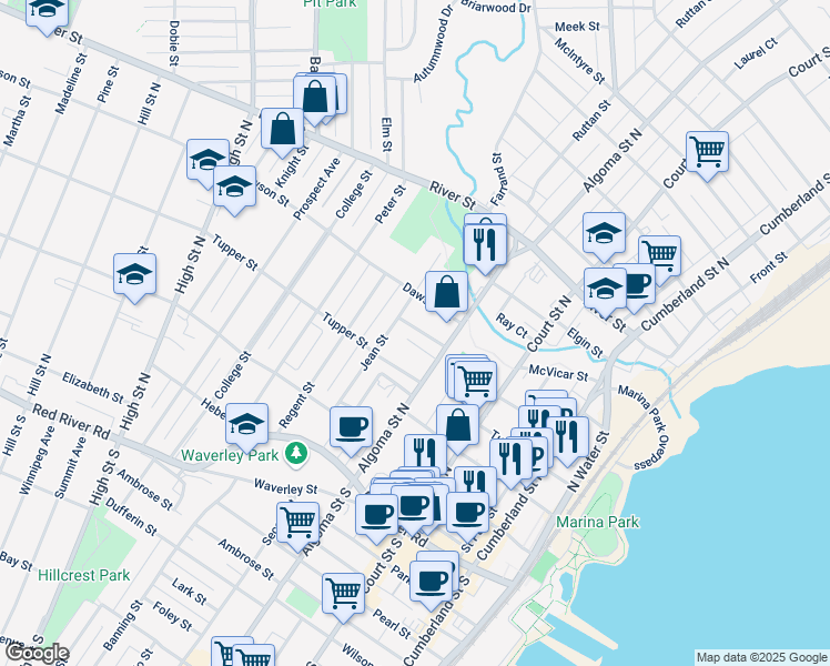 map of restaurants, bars, coffee shops, grocery stores, and more near 321 Saint George Avenue in Thunder Bay