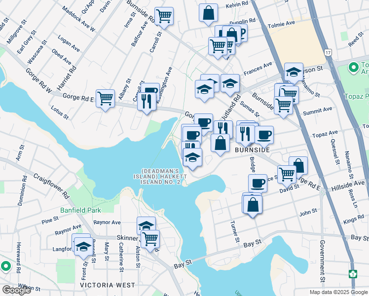 map of restaurants, bars, coffee shops, grocery stores, and more near 6330 Waterfront Crescent in Victoria