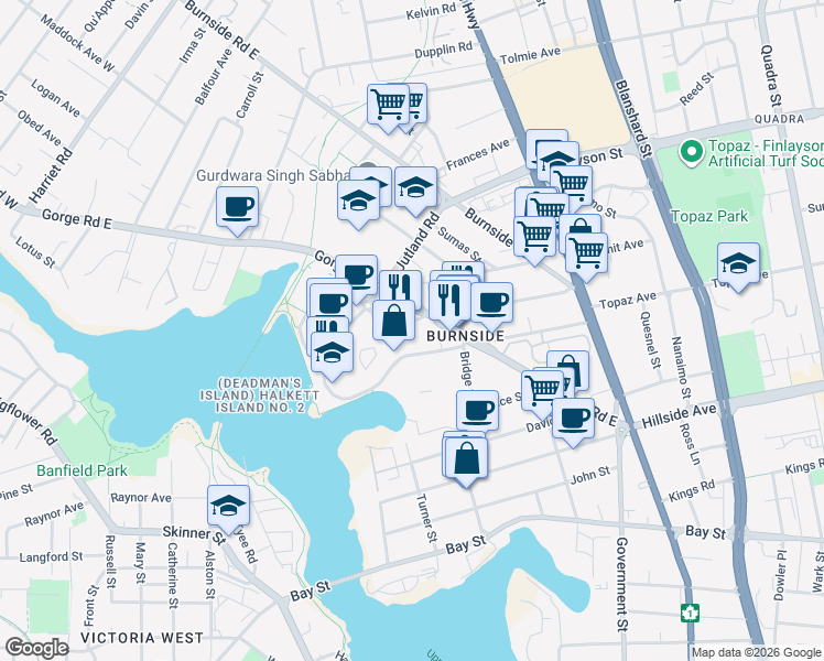 map of restaurants, bars, coffee shops, grocery stores, and more near 425 Dunedin Street in Victoria
