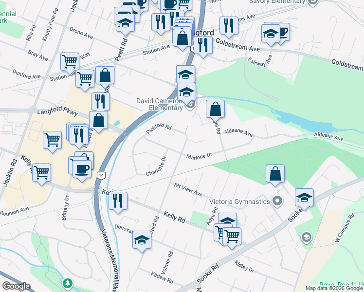 map of restaurants, bars, coffee shops, grocery stores, and more near 2917 Pickford Road in Victoria