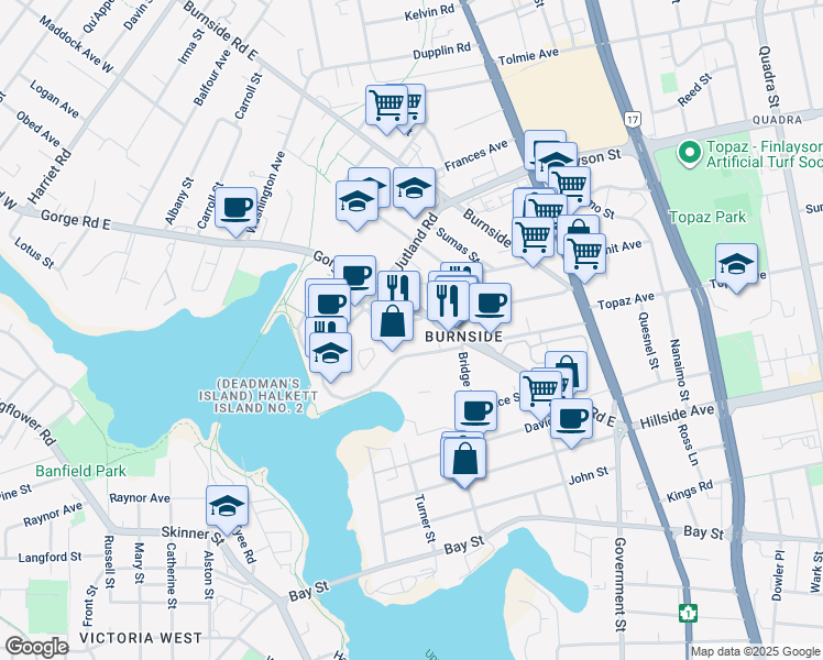 map of restaurants, bars, coffee shops, grocery stores, and more near 425 Dunedin Street in Victoria