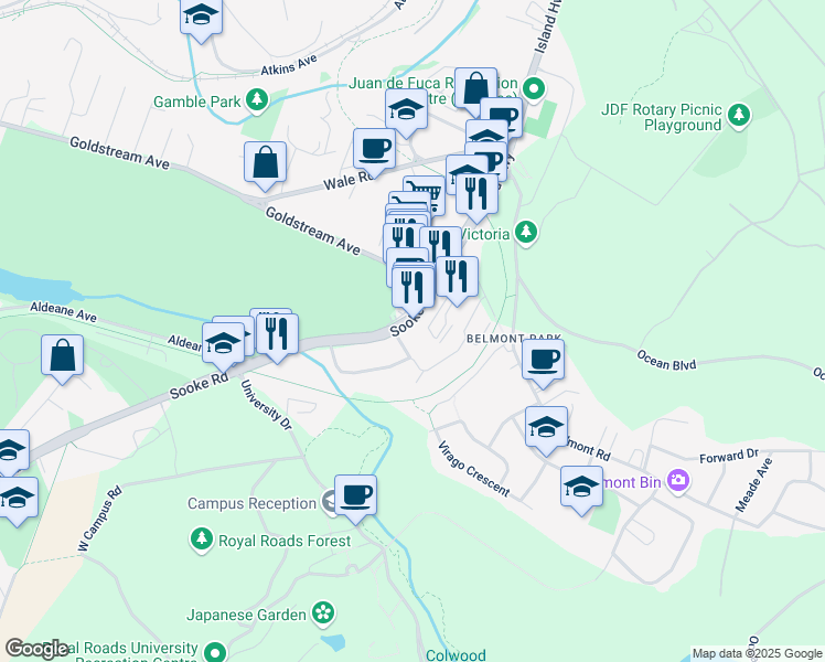 map of restaurants, bars, coffee shops, grocery stores, and more near 1919 Sooke Road in Victoria