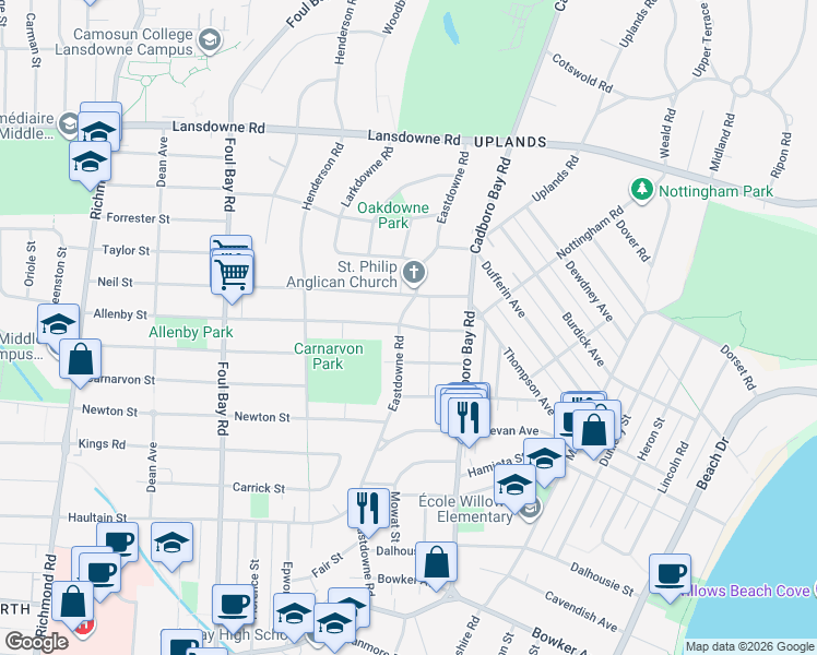 map of restaurants, bars, coffee shops, grocery stores, and more near 2246 Allenby St in Victoria