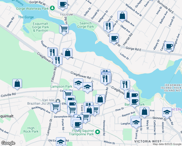 map of restaurants, bars, coffee shops, grocery stores, and more near 840 Craigflower Road in Victoria