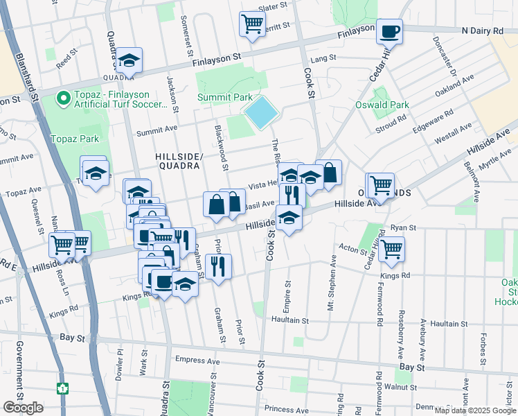 map of restaurants, bars, coffee shops, grocery stores, and more near 1235 Basil Avenue in Victoria