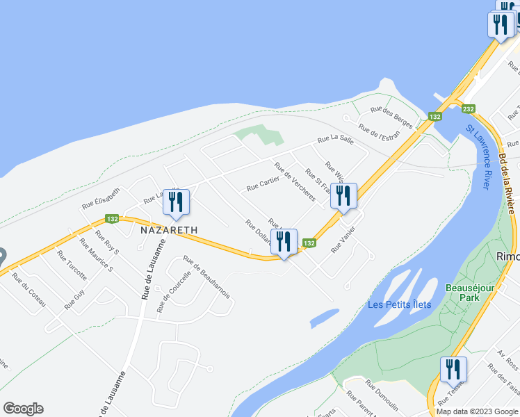 map of restaurants, bars, coffee shops, grocery stores, and more near 304 Rue Laval Nord in Rimouski