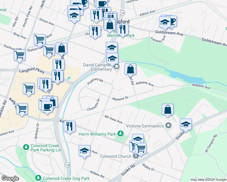 map of restaurants, bars, coffee shops, grocery stores, and more near 2917 Pickford Road in Victoria