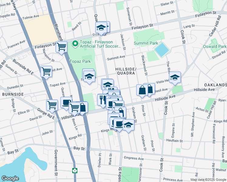 map of restaurants, bars, coffee shops, grocery stores, and more near 2757 Quadra Street in Victoria