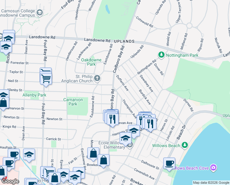 map of restaurants, bars, coffee shops, grocery stores, and more near 2763 Thompson Avenue in Victoria