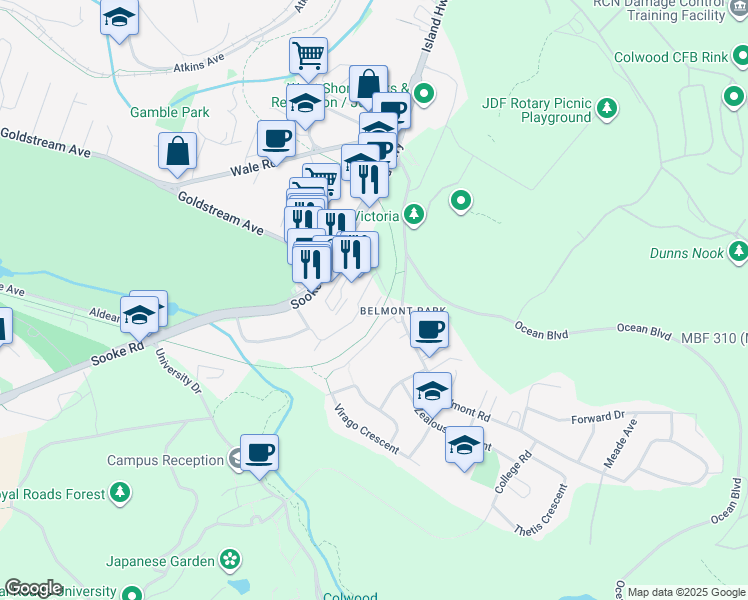 map of restaurants, bars, coffee shops, grocery stores, and more near 85 Belmont Road in Victoria
