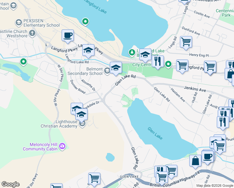 map of restaurants, bars, coffee shops, grocery stores, and more near 990 Glenview Place in Victoria