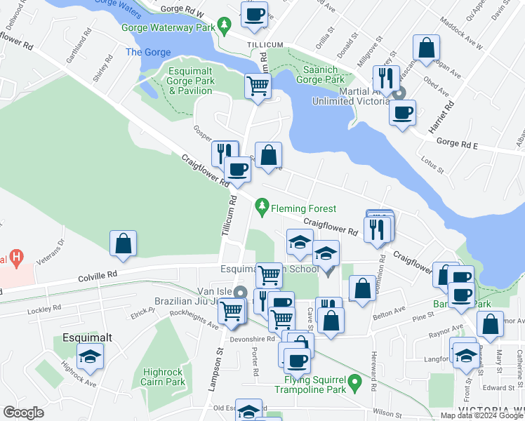 map of restaurants, bars, coffee shops, grocery stores, and more near 935 Craigflower Road in Victoria