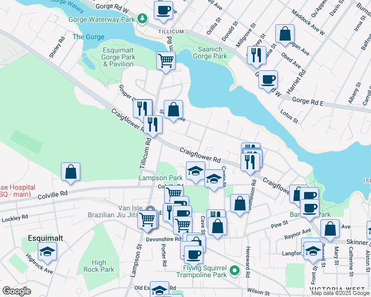 map of restaurants, bars, coffee shops, grocery stores, and more near 892 Craigflower Road in Victoria