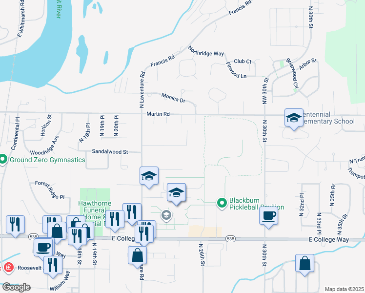 map of restaurants, bars, coffee shops, grocery stores, and more near 2403 Austin Lane in Mount Vernon