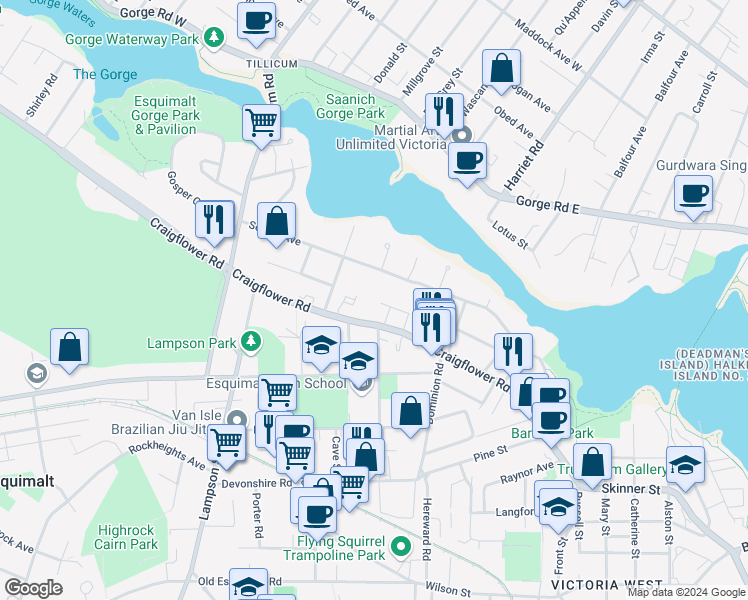 map of restaurants, bars, coffee shops, grocery stores, and more near in Victoria