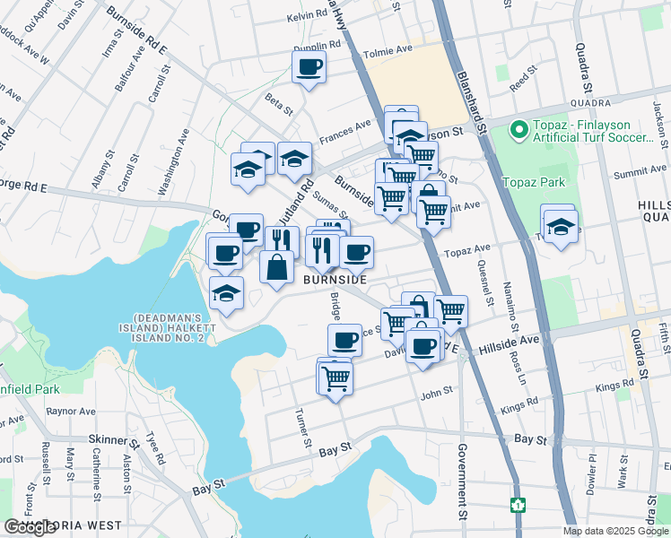map of restaurants, bars, coffee shops, grocery stores, and more near 456 Gorge Road East in Victoria