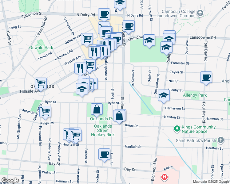 map of restaurants, bars, coffee shops, grocery stores, and more near 2833 Scott Street in Victoria