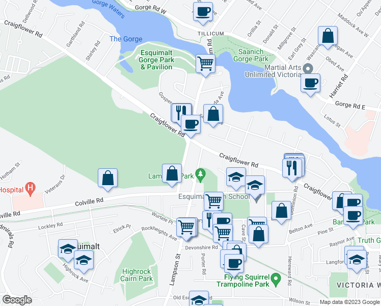 map of restaurants, bars, coffee shops, grocery stores, and more near 889 Tillicum Road in Victoria