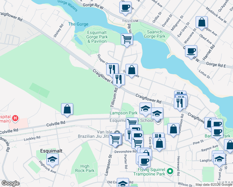 map of restaurants, bars, coffee shops, grocery stores, and more near 889 Tillicum Road in Victoria