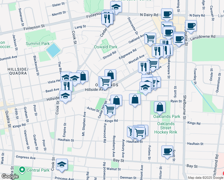 map of restaurants, bars, coffee shops, grocery stores, and more near 2797 Cedar Hill Road in Victoria