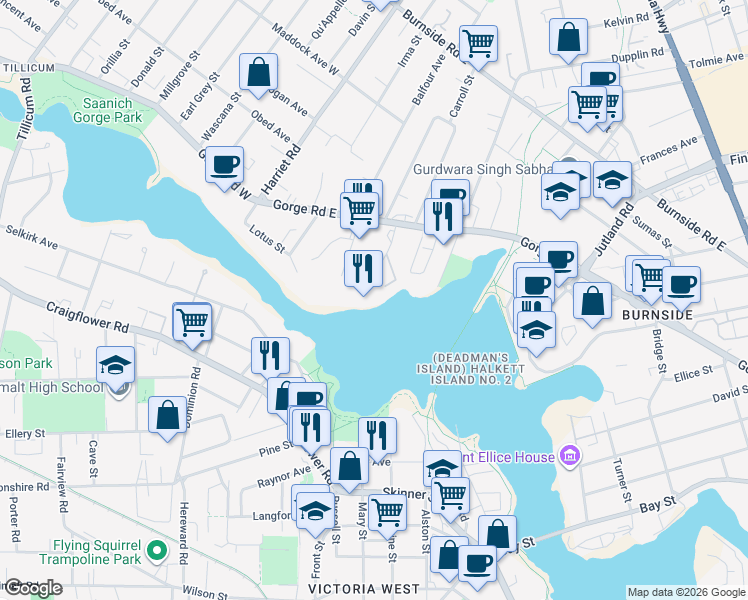 map of restaurants, bars, coffee shops, grocery stores, and more near 135 Gorge Road East in Victoria
