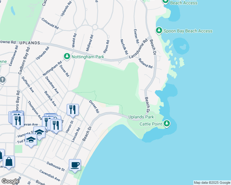 map of restaurants, bars, coffee shops, grocery stores, and more near 3040 Beach Drive in Victoria