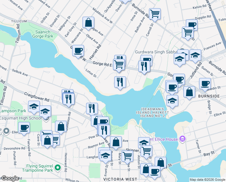 map of restaurants, bars, coffee shops, grocery stores, and more near 105 Gorge Road East in Victoria