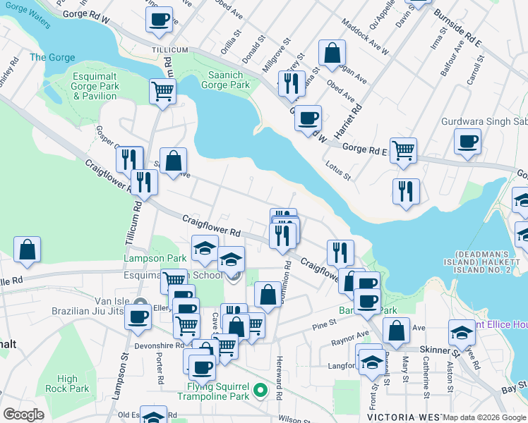 map of restaurants, bars, coffee shops, grocery stores, and more near 827 Selkirk Avenue in Victoria