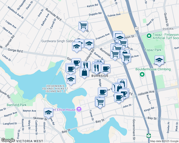 map of restaurants, bars, coffee shops, grocery stores, and more near 416 Dunedin Street in Victoria
