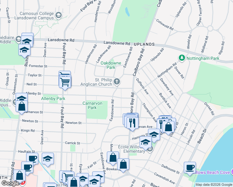 map of restaurants, bars, coffee shops, grocery stores, and more near 2246 Allenby Street in Victoria