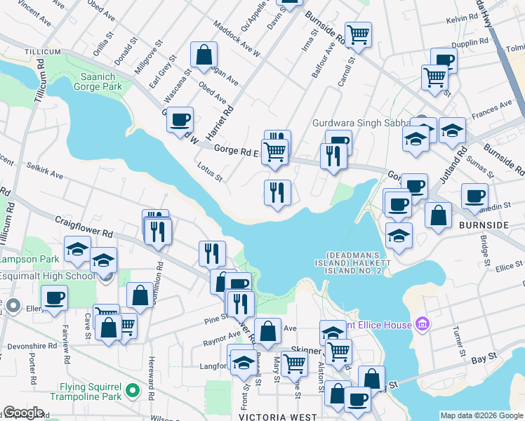 map of restaurants, bars, coffee shops, grocery stores, and more near 105 Gorge Road East in Victoria