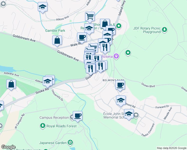 map of restaurants, bars, coffee shops, grocery stores, and more near in Colwood