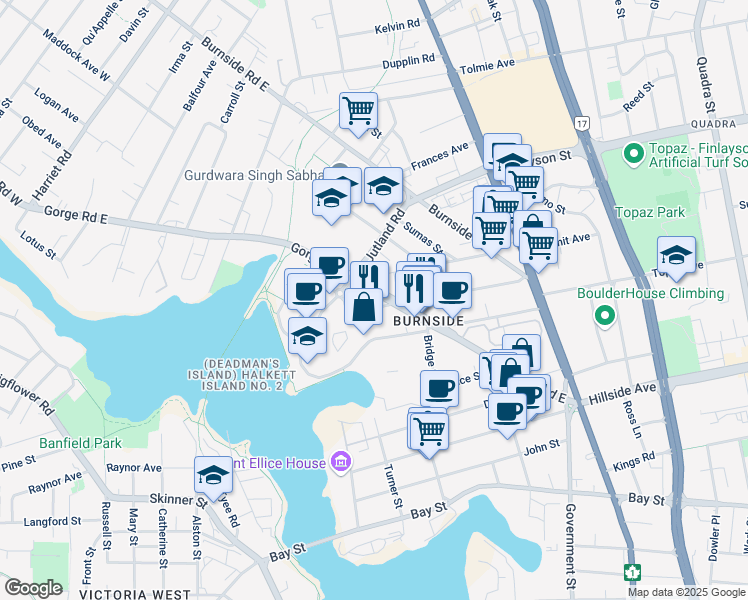 map of restaurants, bars, coffee shops, grocery stores, and more near 416 Dunedin Street in Victoria