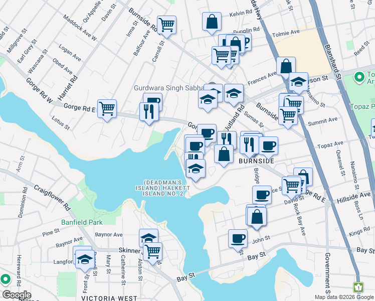 map of restaurants, bars, coffee shops, grocery stores, and more near 6330 Waterfront Crescent in Victoria