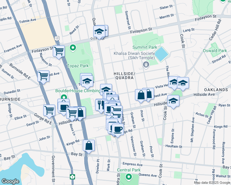map of restaurants, bars, coffee shops, grocery stores, and more near 2780 Fifth Street in Victoria