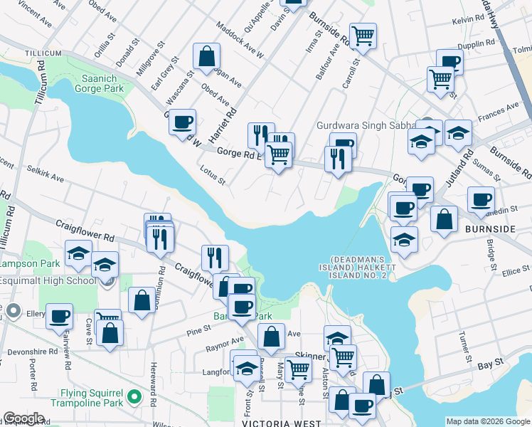 map of restaurants, bars, coffee shops, grocery stores, and more near 105 Gorge Road East in Victoria