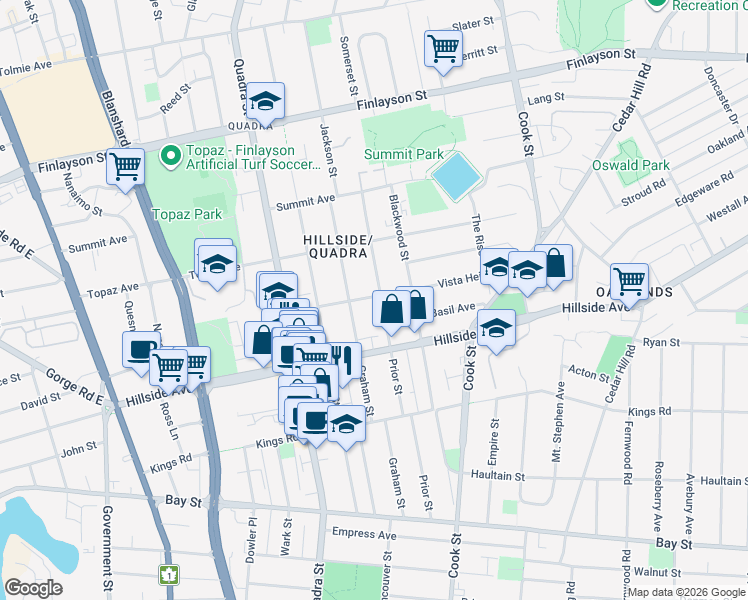 map of restaurants, bars, coffee shops, grocery stores, and more near 2748 Prior Street in Victoria