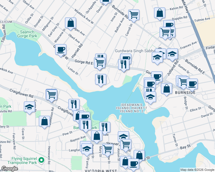 map of restaurants, bars, coffee shops, grocery stores, and more near 135 Gorge Road East in Victoria